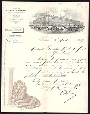 Facture Paris 1889, Rousseau, Cie., Grand Magasins du Louvre, Reger Verkehr vor dem Kaufhaus