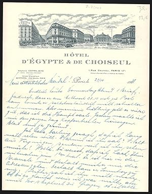 Facture Paris 1921, Hotel d`Égypte, de Choiseul, vue de an der Rue Daunou et Avenue de l`Opéra