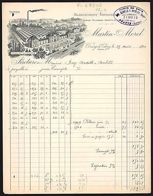 Facture Bourg-de-Thizy 1900, Martin-Morel, Blanchiment, Impression, Teinture, Fabrikgelände avec ...