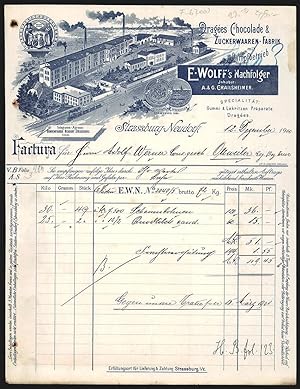 Facture Strassburg-Neudorf 1900, E. Wolff`s Nachf., Dragées Chocolade, Zuckerwaaren-Fabrik, Betri...