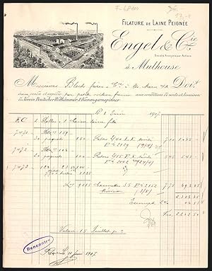 Facture Mulhouse 1907, Engel, Cie., Filature de Laine Peignée, vue générale des Werkes aérienne