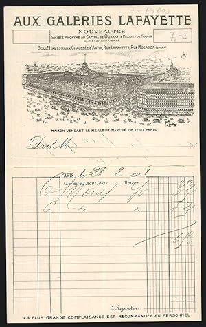 Facture Paris 1918, Aux Galleries Lafayette, Nouveautés, Riesiges Kaufhaus aérienne