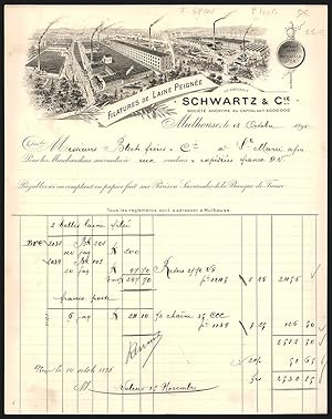 Facture Mulhouse 1895, Schwartz, Cie., Filatures de Laine Peignée, Fabrikansicht et Preis-Medaill...