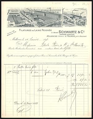 Facture Mulhouse 1898, Schwartz, Cie., Filatures de Laine Peignée, Ansichten der Werke in Mulhous...