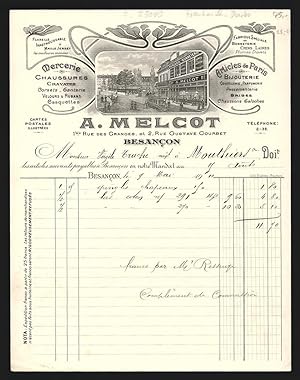 Facture Besancon 1911, A. Melcot, Mercerie, Bijouterie, Ladenansicht avec einer tramway
