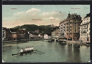 Ansichtskarte Luzern, Hotel Balance mit Wilhelmshöhe und Gütsch, Ruderboot