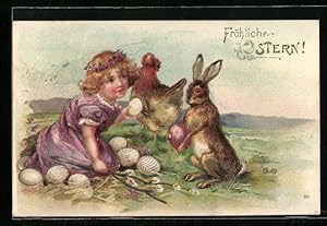 Ansichtskarte Osterhase sammelt Eier ein