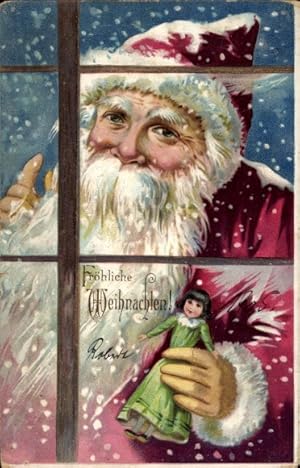 Präge Ansichtskarte / Postkarte Frohe Weihnachten, Weihnachtsmann am Fenster, Puppe