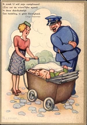 Bild des Verkufers fr Knstler Ansichtskarte / Postkarte Lensen, Niederlande, Frau versteckt Schweine im Kinderwagen, Polizist zum Verkauf von akpool GmbH