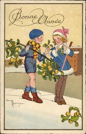 Künstler Ansichtskarte / Postkarte Glückwunsch Neujahr, Kinder, Liebespaar, Mistelzweige