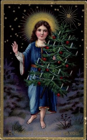 Präge Ansichtskarte / Postkarte Glückwunsch Weihnachten, Mädchen, Tannenbaum