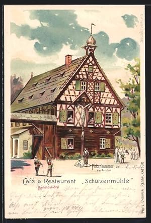 Lithographie Pirkenhammer, Café-Restaurant Schützenmühle im Egerländer-Stil