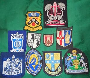 School/Blazer, Silk & Cotton wove cloth badges 10 in a group for various schools, etc. Inc; Deus ...