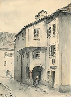 TA., Gasse in Salzburg mit Erkerhaus.