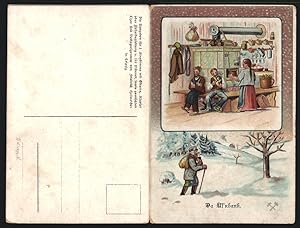 Klapp-Lied-Ansichtskarte Anton Günther Nr.9: Da Uf`nbank, Familie in der Küche, Mann im Schnee