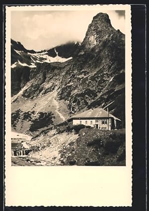 Ansichtskarte Grünseehütte, Berghütte am Grünen See mit Karfunkelturm, Hohe Tatra