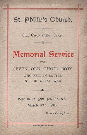 Sheffield Choir Boys Children Killed In WW1 1918 War Funeral Memorial Card