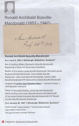 Ronald Archibald Bosville Macdonald Baron Laird Of Sleat Old Autograph