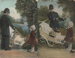 Child Policeman Helps Girl After Toy Car Accident 2x Old Worn Postcard s