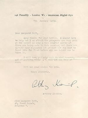 Anthony Kimmins OBE Film Director London Antique Hand Signed Letter