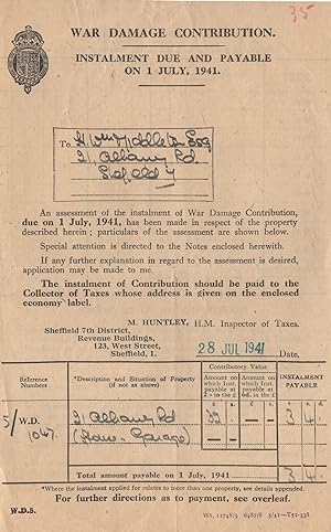 1941 War Damage Contribution WW2 Sheffield Yorkshire Receipt
