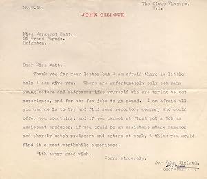 John Gielgud Personal London Theatre Letter 1949 Secretary Hand Signed