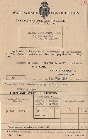 1942 War Damage Contribution WW2 Sheffield Yorkshire Receipt