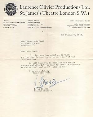 Laurence Olivier Personal Manager Hand Signed 1953 London Letter