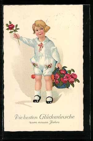 Ansichtskarte Kind verteilt Rosen zu Neujahr