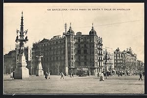 Bild des Verkufers fr Ansichtskarte Barcelona, Cruce Paseo de Gracia y Calle de Argelles, Strassenbahn zum Verkauf von Bartko-Reher