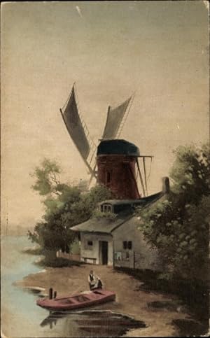 Künstler Ansichtskarte / Postkarte Dorfmotiv, Windmühle, Boot am Ufer