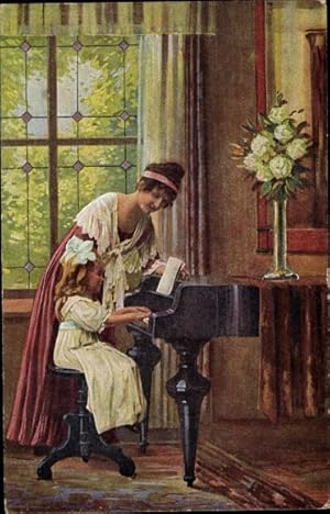 Künstler Ansichtskarte / Postkarte Manstedt, Erste Klavierstunde, Mädchen am Flügel