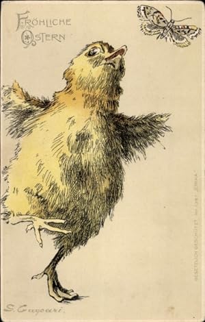 Künstler Litho Caspari, S., Glückwunsch Ostern, Küken versucht eine Motte zu fangen