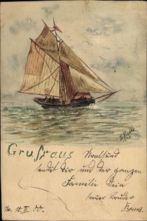 Handgemalt Ansichtskarte / Postkarte E. Radke, Gruß aus Stralsund, Segelboot, Fischerboot