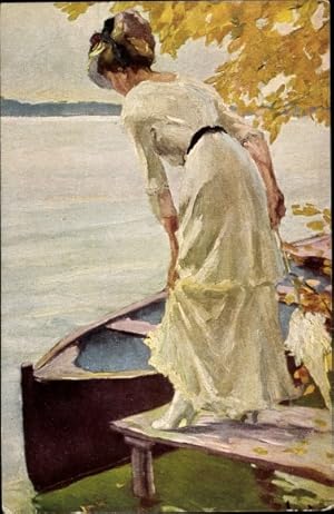 Künstler Ansichtskarte / Postkarte Cucuel, E., Am Landungssteg, Frau in weißem Kleid, Ruderboot