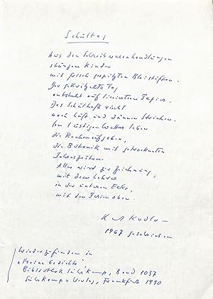 Imagen del vendedor de Eigenh. Gedichtmanuskript (15 Zeilen) mit U. a la venta por Eberhard Kstler Autographen&Bcher oHG