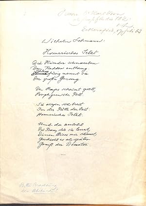Seller image for Eigenh. vollstndiges Gedichtmanuskript (14 Zeilen) mit Widmung und Namenszug. for sale by Eberhard Kstler Autographen&Bcher oHG