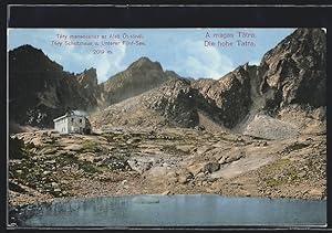 Ansichtskarte Téry-Schutzhaus /Hohe Tatra, Berghütte mit unterem Fünf-See und Bergpanorama