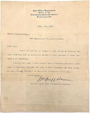 United States Post Office Official Letter to Pasadena Businessman Walter Raymond, Esq