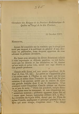 (Élections) Circulaire des évêques de la Province écclésiastique de Québec au clergé de la dite P...