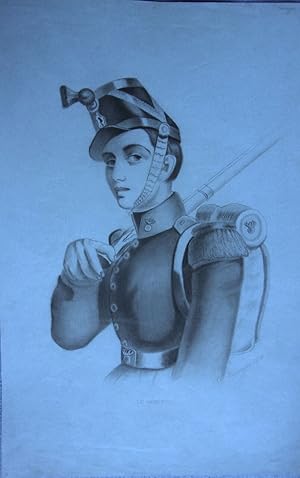 Gravure sur papier bleu DE CASSAGNE 1876 militaria le depart