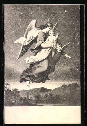 Ansichtskarte Engel fliegen mit Baby im Arm durch die Nacht