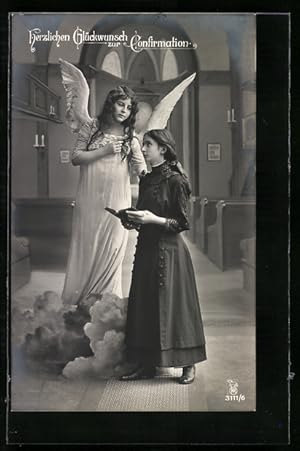 Ansichtskarte Junges Mädchen betet bei ihrer Konfirmation mit einem Engel