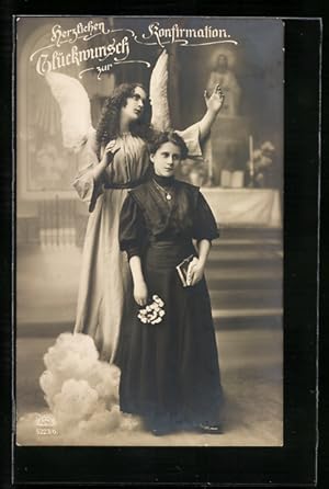 Ansichtskarte Glückwunsch zur Konfirmation, Mädchen, Engel vor Kirchen-Altar