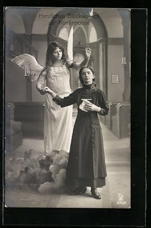 Ansichtskarte Herzlichen Glückwunsch zur Konfirmation, Mädchen mit Bibel und Engel an der Hand