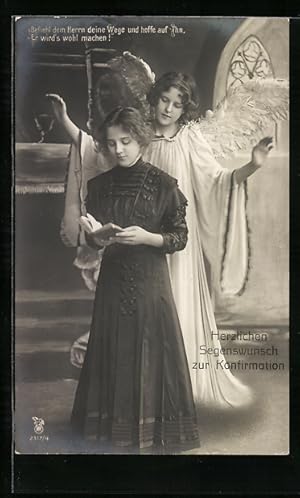 Ansichtskarte Konfirmation, Engel steht hinter Mädchen mit Bibel