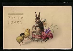 Ansichtskarte Osterhase mit Küken, Die besten Ostergrüsse