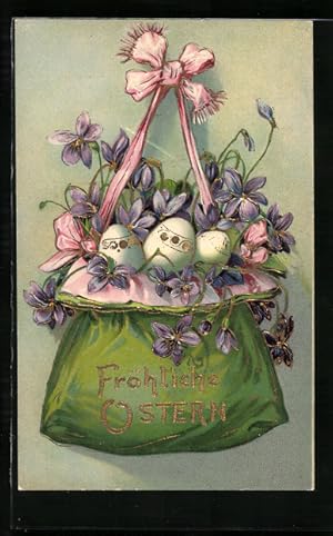 Präge-Ansichtskarte Beutel mit Veilchen und Ostereiern