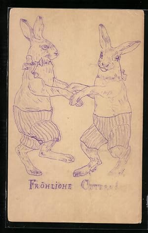 Ansichtskarte Osterhasen tanzen Hand in Hand