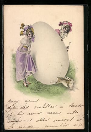 Künstler-Ansichtskarte M. Munk: Fröhliche Ostern!, Fräuleins mit Hase und Ei